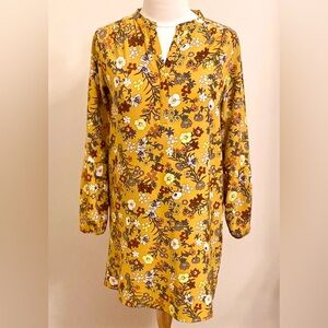 Elaine Rose Mustard Yellow Red Floral Print Long Puff Sleeve Shift Mini Dress 8
